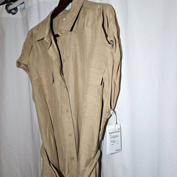 NWT Nordstrom Tan Silky Linen Blend Midi Waisted Shirt Dress sz 2X - Picture 3 of 11
